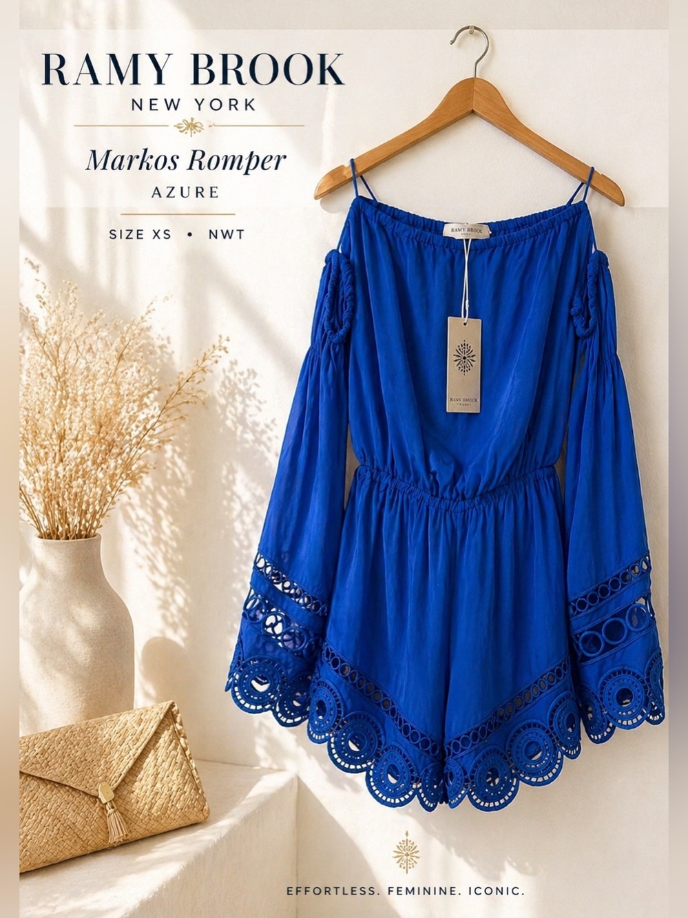 Ramy Brook Markos Romper Azure Blue Off Shoulder Lace Trim Size XS NWT